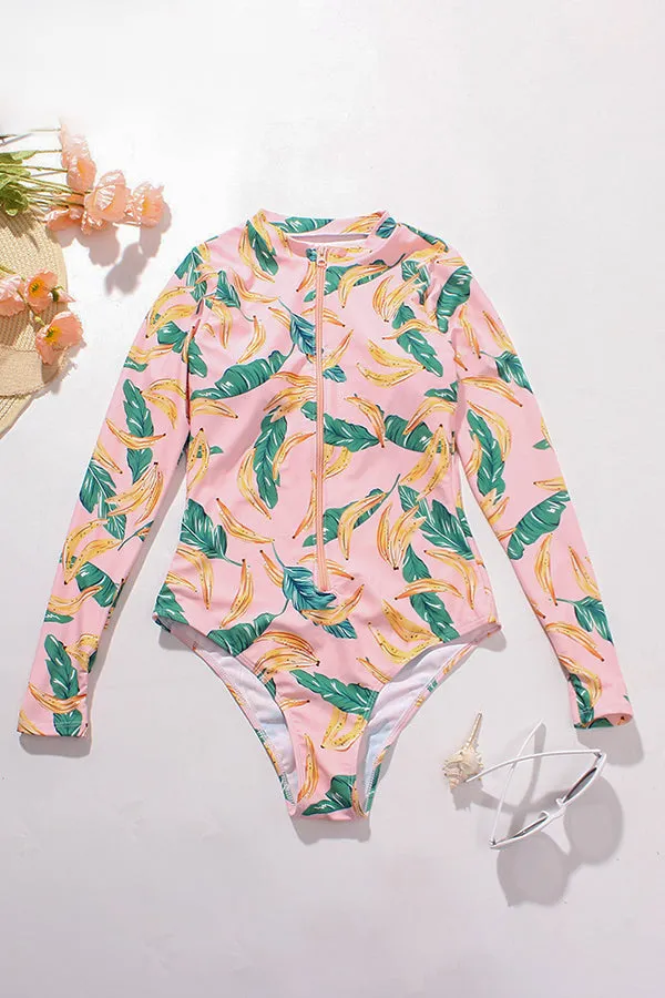 Tropical Banana Print Zip Long Sleeve UPF50  Rash Guard
