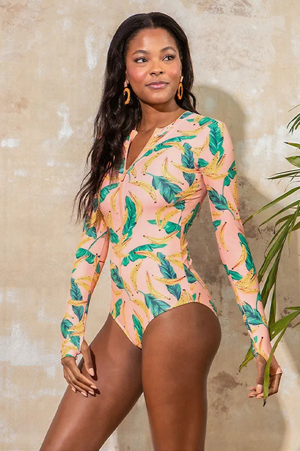 Tropical Banana Print Zip Long Sleeve UPF50  Rash Guard