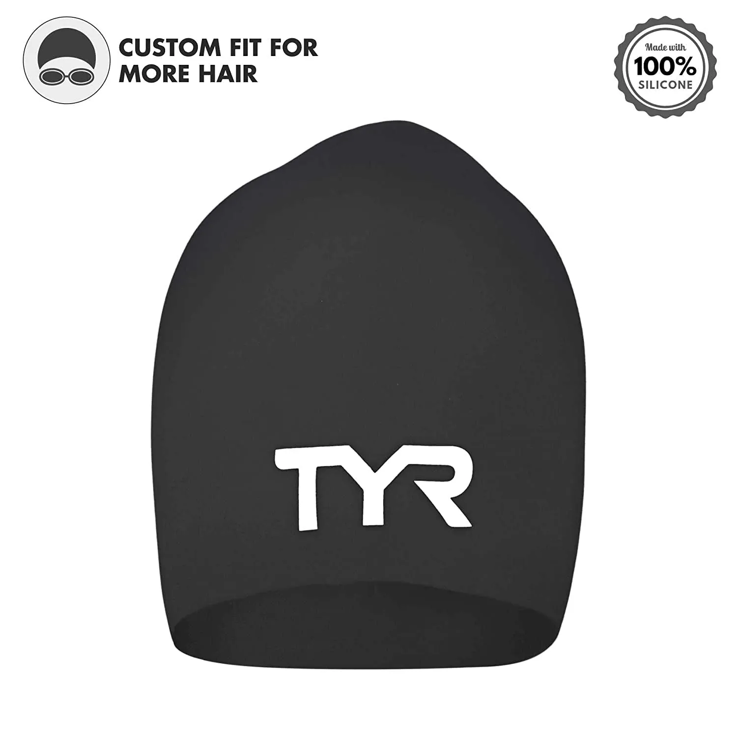 TYR Long Hair Silicone Swim Cap, Black - Adult