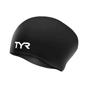TYR Long Hair Silicone Swim Cap, Black - Adult