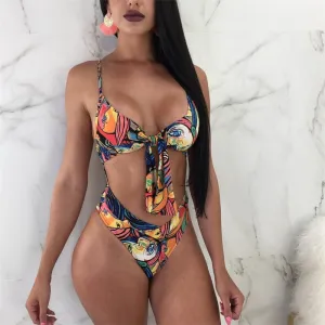 Upopby Abstract Printed String Bikini High Cut One-Piece Swimsuit