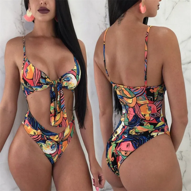 Upopby Abstract Printed String Bikini High Cut One-Piece Swimsuit