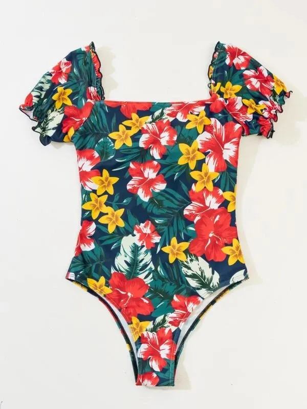 Upopby Floral Short Sleeve Ruffled Tummy Control One-Piece Swimsuit