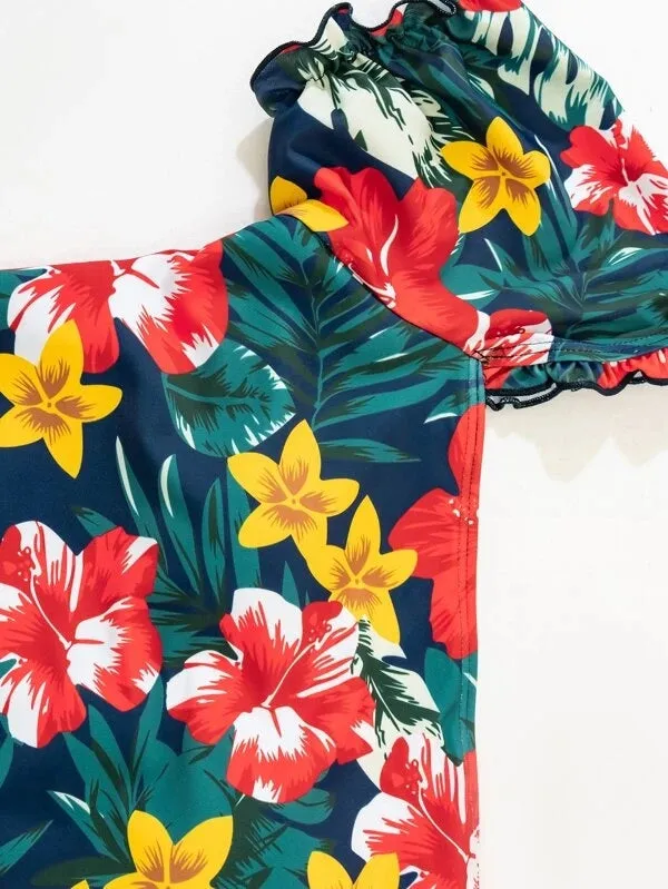 Upopby Floral Short Sleeve Ruffled Tummy Control One-Piece Swimsuit