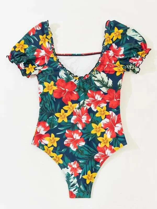 Upopby Floral Short Sleeve Ruffled Tummy Control One-Piece Swimsuit