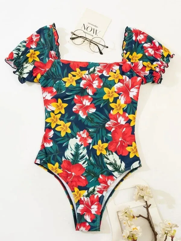 Upopby Floral Short Sleeve Ruffled Tummy Control One-Piece Swimsuit