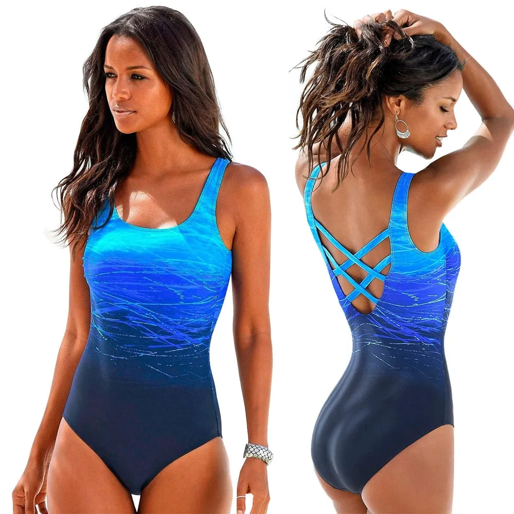 Upopby Gradient Print Sexy One-Piece Swimsuit Cross Back Swimwear