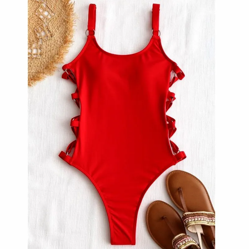 Upopby Solid Side Hollow Cross One-Piece Swimsuit High-Cut Monokini