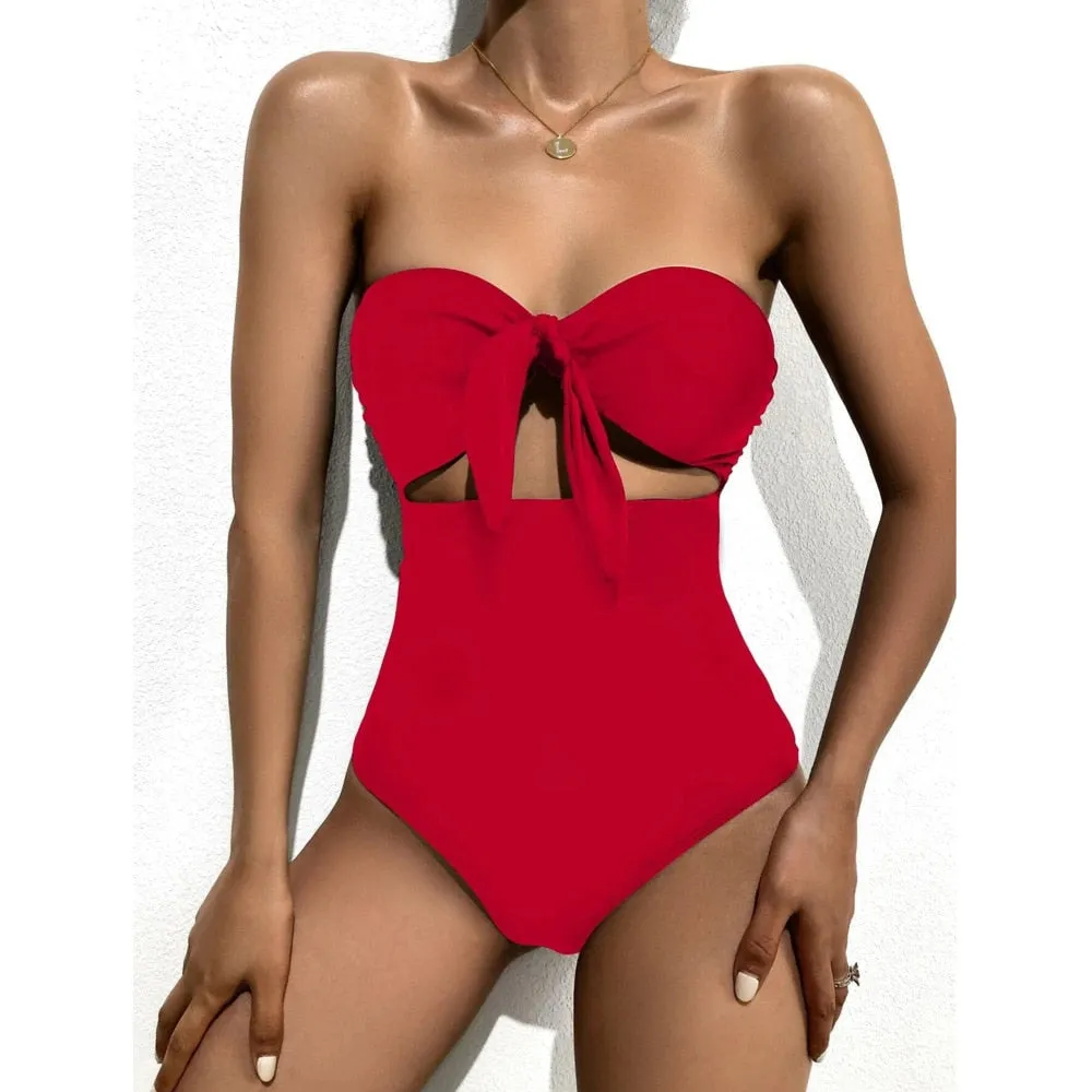 VenusFox Sexy One Piece Swim Suits Red Black Bandeau Swimsuit 1 Piece Bow Knot Halter Cut Out Swimwear Women Bathing Suit Trikini