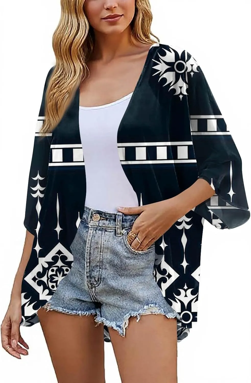 Women Kimono Cardigans 3/4 Length Sleeve Loose Fit Beach Cover Ups Summer Casual Boho Open Front Chiffon Swimwear