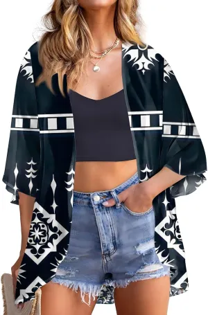 Women Kimono Cardigans 3/4 Length Sleeve Loose Fit Beach Cover Ups Summer Casual Boho Open Front Chiffon Swimwear