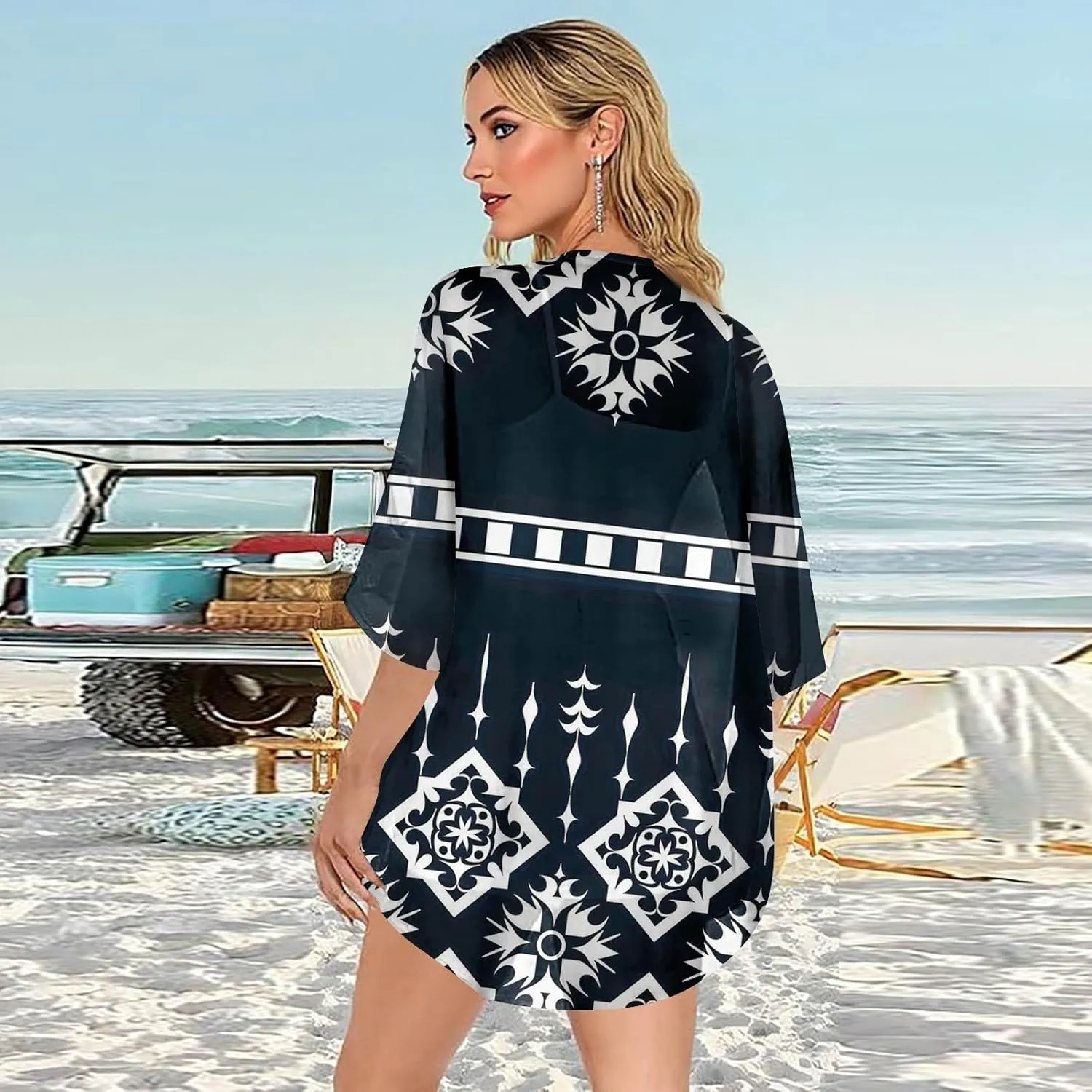 Women Kimono Cardigans 3/4 Length Sleeve Loose Fit Beach Cover Ups Summer Casual Boho Open Front Chiffon Swimwear