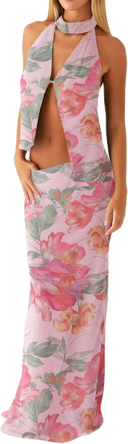 Women Y2k 2 Piece Maxi Skirt Set Floral Backless Halter Tank Top Flowy Maxi Skirt Summer Going Out Outfits