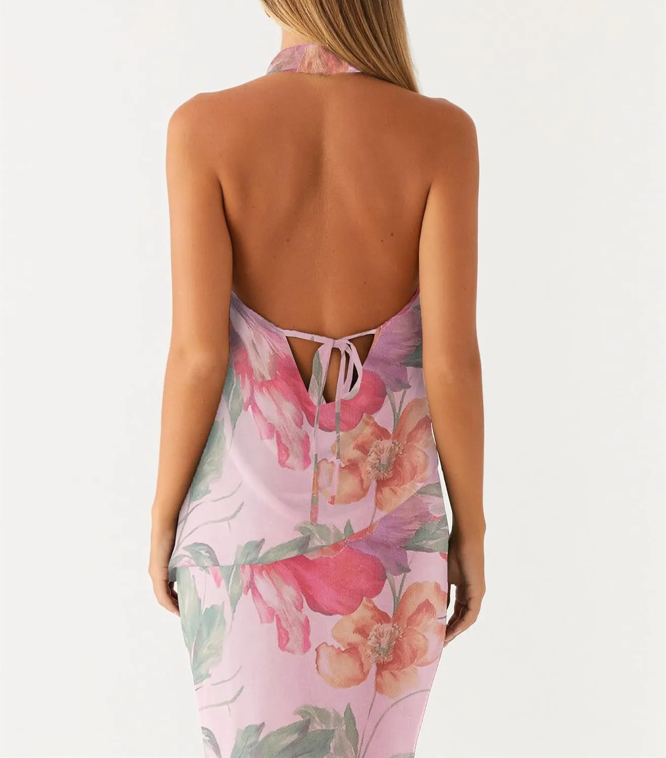 Women Y2k 2 Piece Maxi Skirt Set Floral Backless Halter Tank Top Flowy Maxi Skirt Summer Going Out Outfits
