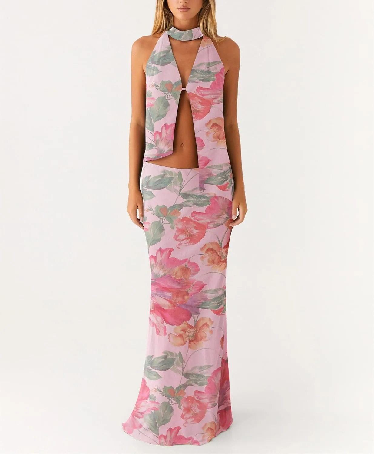 Women Y2k 2 Piece Maxi Skirt Set Floral Backless Halter Tank Top Flowy Maxi Skirt Summer Going Out Outfits
